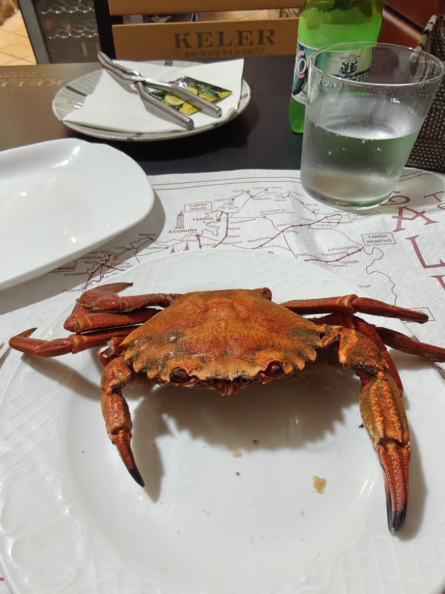 Helkogt krabbe på tallerken, med krabbetang ved siden af