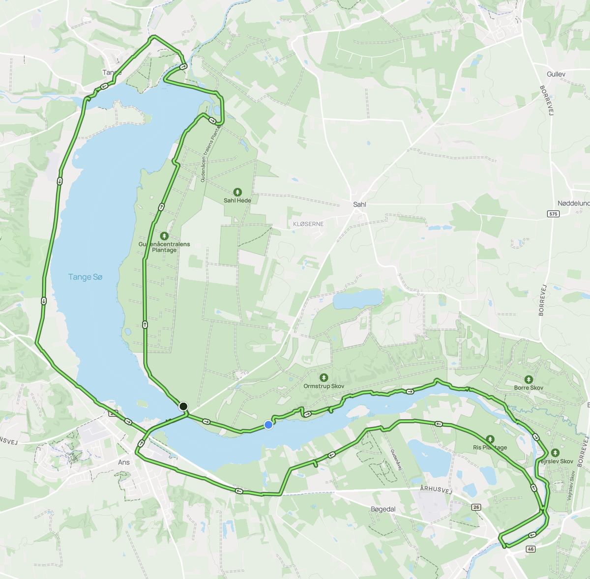 Rutekort over Tange Sø set oppefra, med den gåede rute markeret som en grøn linje i et 8-tal